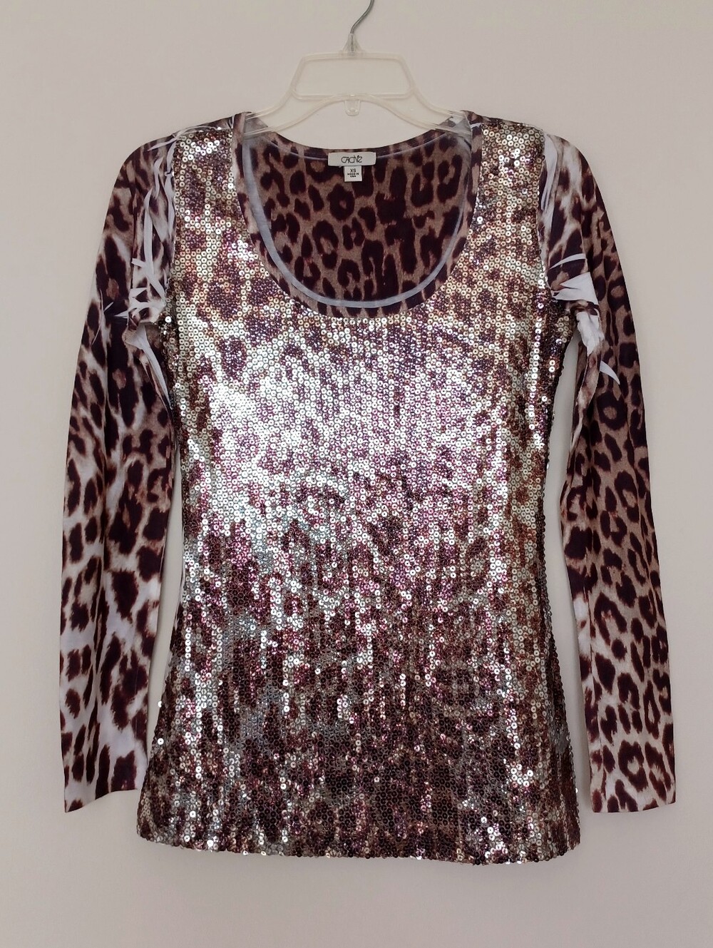 Cache Leopard Sequin Long-Sleeve Scoop Neck Top - Animal Print, Size XS